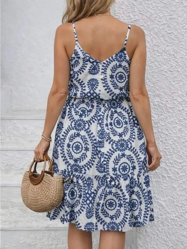 Kadın Ip Askılı V Yakalı Düğmeli Desenli Kısa Süprem Elbise - 3