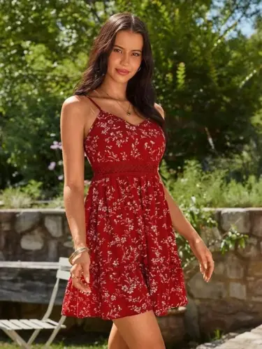 Kadın Ip Askılı V Yakalı Kısa Desenli Süprem Elbise - BÜYÜKBEDENIZ (1)