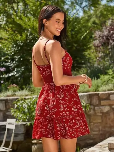 Kadın Ip Askılı V Yakalı Kısa Desenli Süprem Elbise - 4