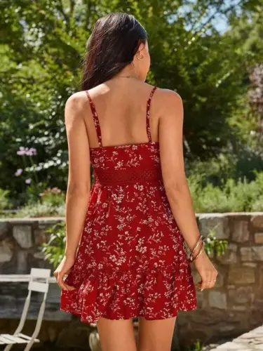 Kadın Ip Askılı V Yakalı Kısa Desenli Süprem Elbise - 6