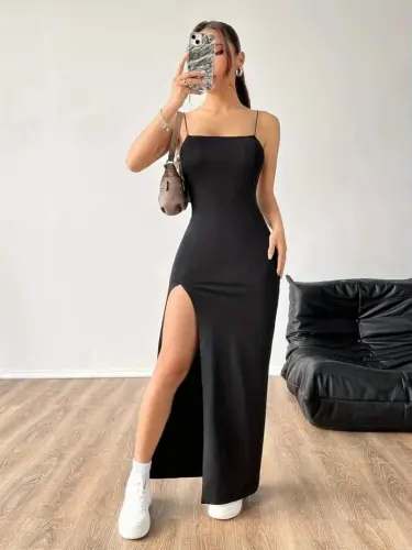 Kadın Ip Askılı Yandan Yırtmaçlı Janjan Krep Elbise - 4