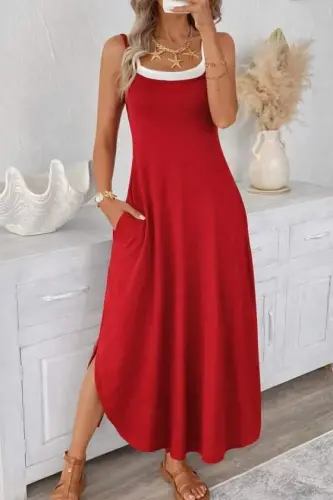 Kadın Ip Askılı Yuvarlak Yakalı Cepli Uzun Viskon Elbise - BÜYÜKBEDENIZ (1)