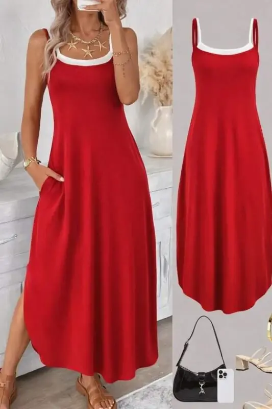 Kadın Ip Askılı Yuvarlak Yakalı Cepli Uzun Viskon Elbise - 1