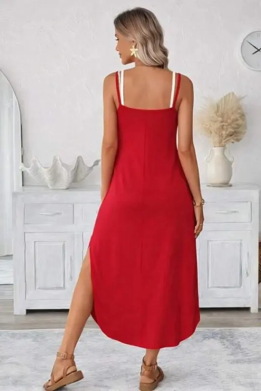 Kadın Ip Askılı Yuvarlak Yakalı Cepli Uzun Viskon Elbise - 3