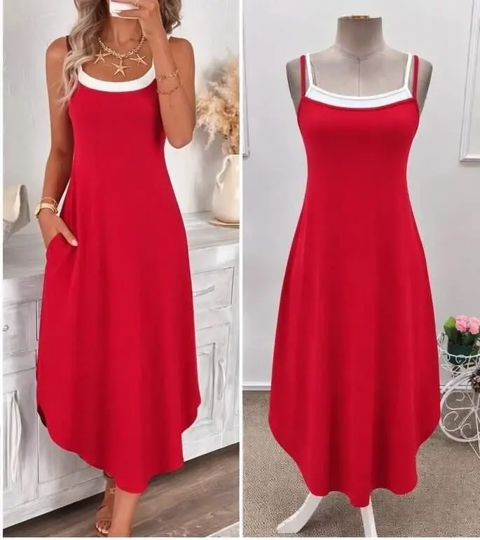 Kadın Ip Askılı Yuvarlak Yakalı Cepli Uzun Viskon Elbise - 4