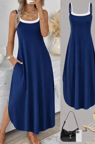 Kadın Ip Askılı Yuvarlak Yakalı Cepli Uzun Viskon Elbise - 1