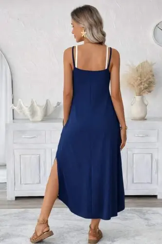 Kadın Ip Askılı Yuvarlak Yakalı Cepli Uzun Viskon Elbise - 3