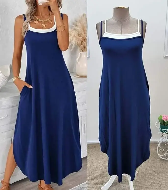 Kadın Ip Askılı Yuvarlak Yakalı Cepli Uzun Viskon Elbise - 5