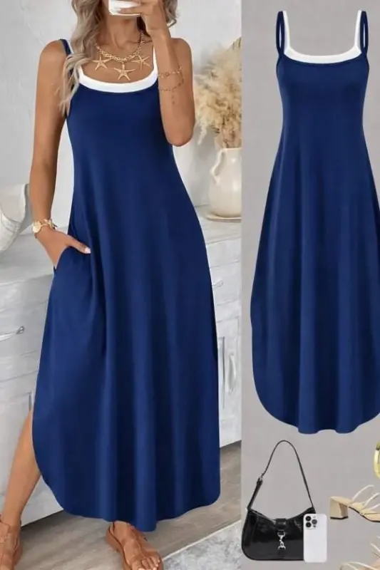 Kadın Ip Askılı Yuvarlak Yakalı Cepli Uzun Viskon Elbise - BÜYÜKBEDENIZ