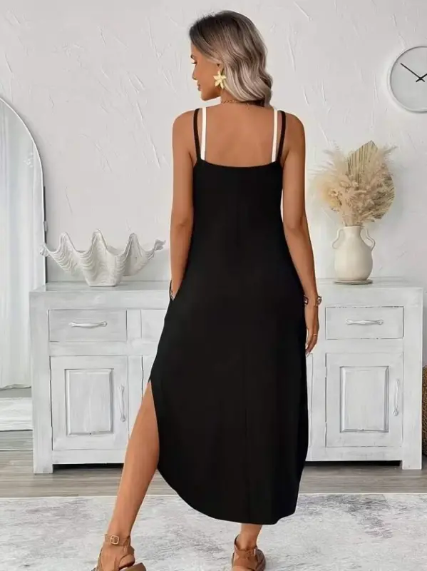 Kadın Ip Askılı Yuvarlak Yakalı Cepli Uzun Viskon Elbise - 3