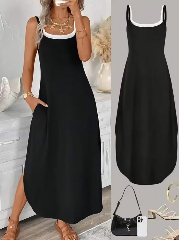 Kadın Ip Askılı Yuvarlak Yakalı Cepli Uzun Viskon Elbise - BÜYÜKBEDENIZ