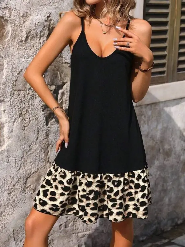 Kadın Ip Askılı Yuvarlak Yakalı Leopar Detaylı Elbise - 3