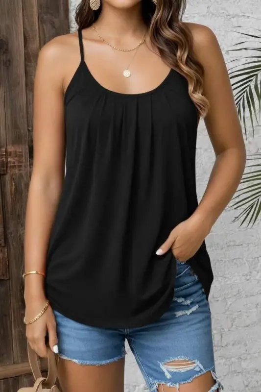 Kadın Ip Askılı Yuvarlak Yakalı Pileli Uzun Viskon Bluz - 1