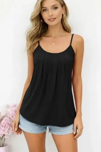 Kadın Ip Askılı Yuvarlak Yakalı Pileli Uzun Viskon Bluz - BÜYÜKBEDENIZ (1)