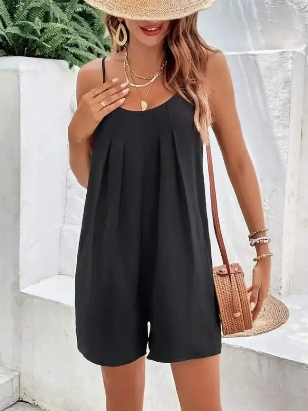 Kadın Ip Askılı Yuvarlak Yakalı Pileli Viskon Tulum - 5