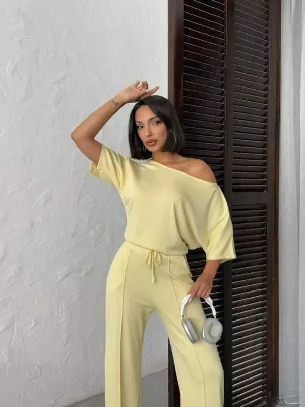 Kadın İsa Kollu Kayık Yaka Bluz Ve Pantolon Misal Kumaş Ikili Takım - 1