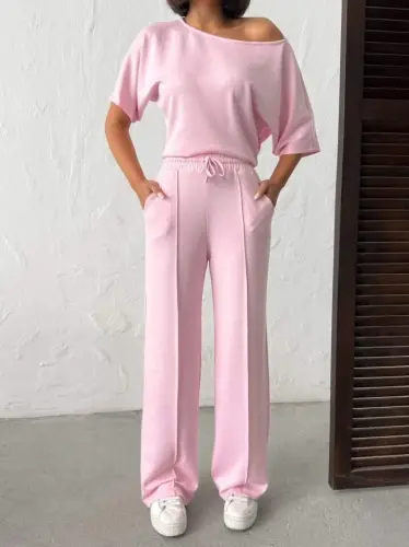 Kadın İsa Kollu Kayık Yaka Bluz Ve Pantolon Misal Kumaş Ikili Takım - 3