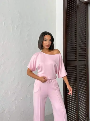 Kadın İsa Kollu Kayık Yaka Bluz Ve Pantolon Misal Kumaş Ikili Takım - 4