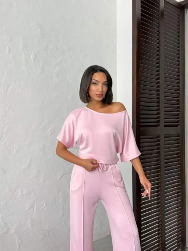 Kadın İsa Kollu Kayık Yaka Bluz Ve Pantolon Misal Kumaş Ikili Takım - 4