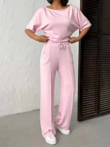 Kadın İsa Kollu Kayık Yaka Bluz Ve Pantolon Misal Kumaş Ikili Takım - 5