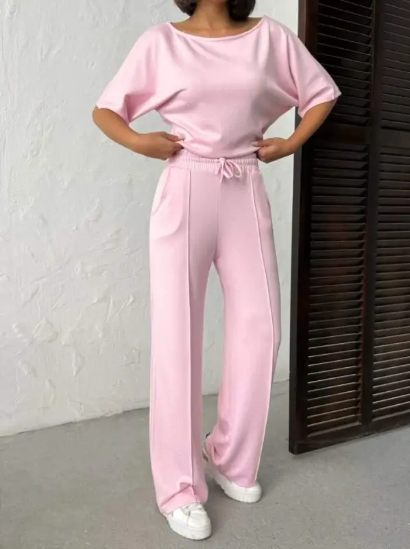 Kadın İsa Kollu Kayık Yaka Bluz Ve Pantolon Misal Kumaş Ikili Takım - 5