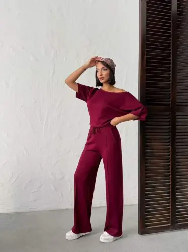 Kadın İsa Kollu Kayık Yaka Bluz Ve Pantolon Misal Kumaş Ikili Takım - 1