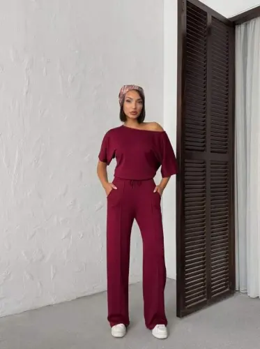 Kadın İsa Kollu Kayık Yaka Bluz Ve Pantolon Misal Kumaş Ikili Takım - BÜYÜKBEDENIZ (1)