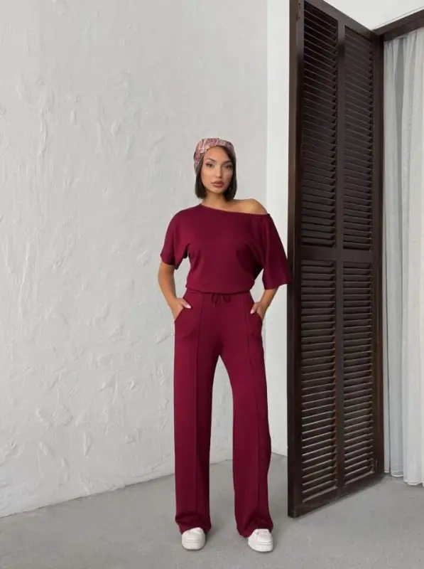 Kadın İsa Kollu Kayık Yaka Bluz Ve Pantolon Misal Kumaş Ikili Takım - 2