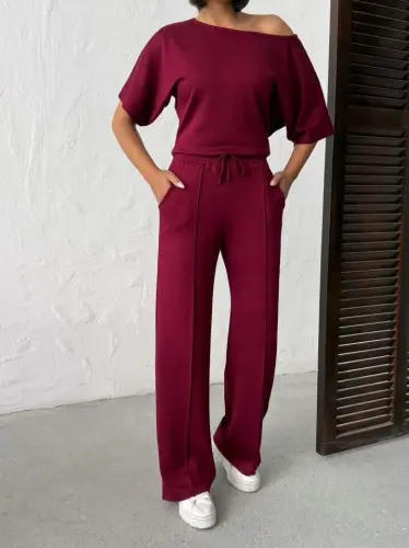 Kadın İsa Kollu Kayık Yaka Bluz Ve Pantolon Misal Kumaş Ikili Takım - 3