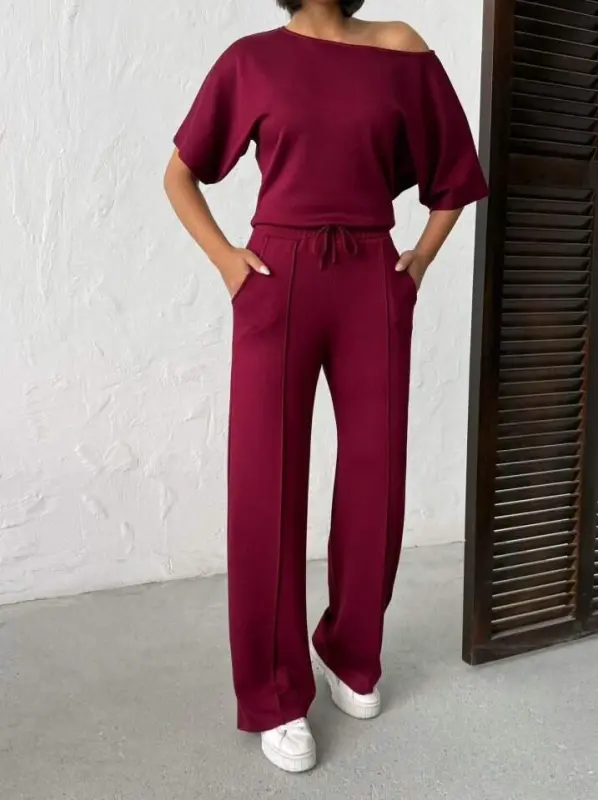 Kadın İsa Kollu Kayık Yaka Bluz Ve Pantolon Misal Kumaş Ikili Takım - 3