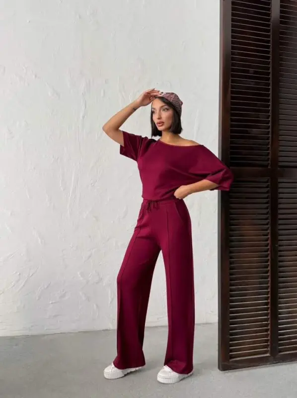 Kadın İsa Kollu Kayık Yaka Bluz Ve Pantolon Misal Kumaş Ikili Takım - BÜYÜKBEDENIZ