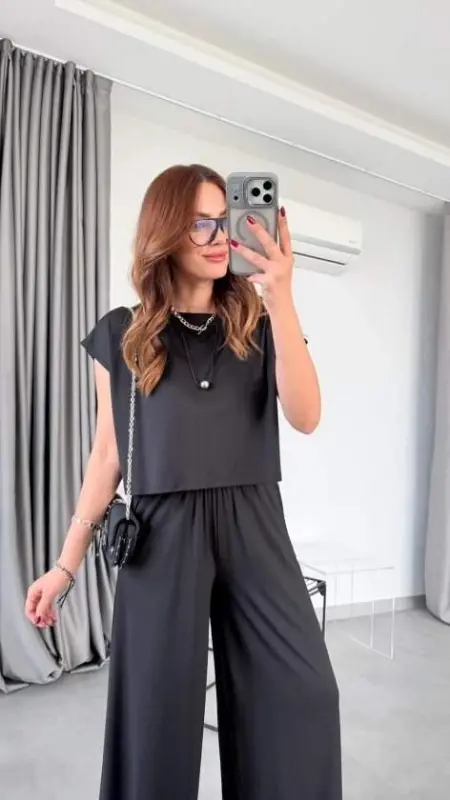 Kadın Ithal Krep Kumaş Kruvaze Yaka Eteği Kloş Kolsuz Mini Elbise - 3