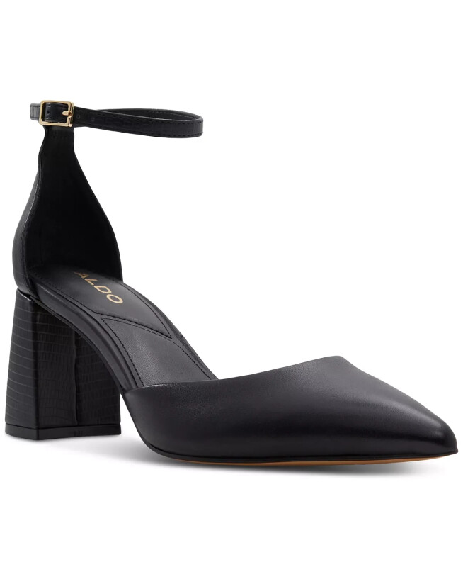 Women's Jan Pointed-Toe Ankle-Strap Block-Heel Pumps - Black Leather - ALDO