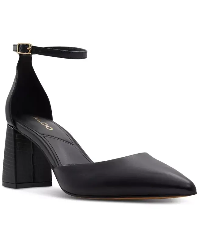 Women's Jan Pointed-Toe Ankle-Strap Block-Heel Pumps - Black Leather - ALDO