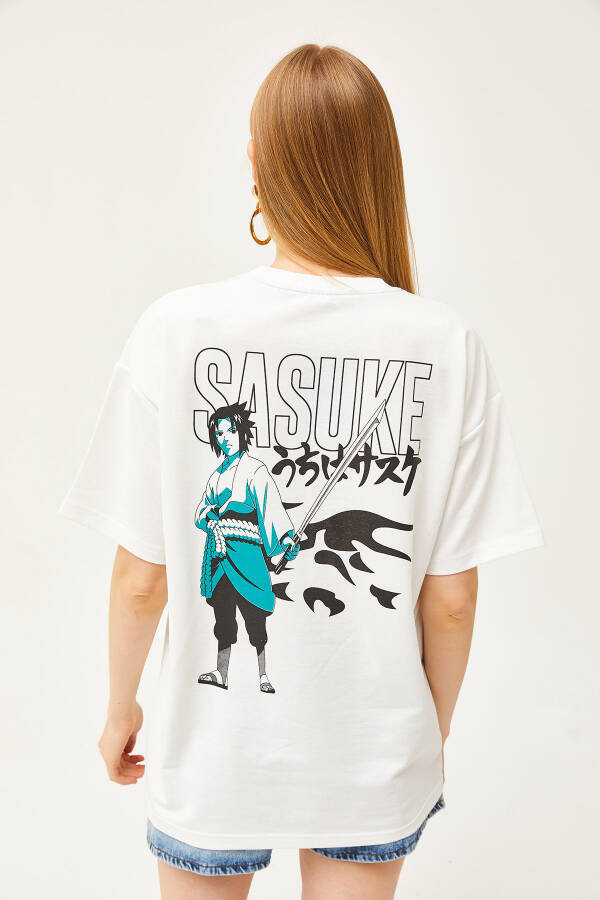 Kadın Japon Ekru Ön Arka Baskılı 2 İplik Unisex Oversize Tişört TSH-19000696 - 5