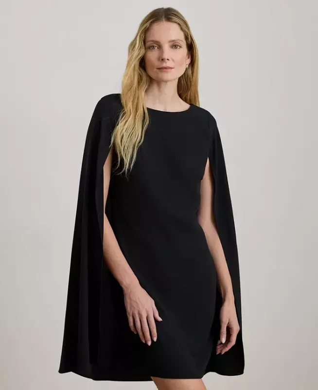 Women's Georgette Cape Dress - Black - 8