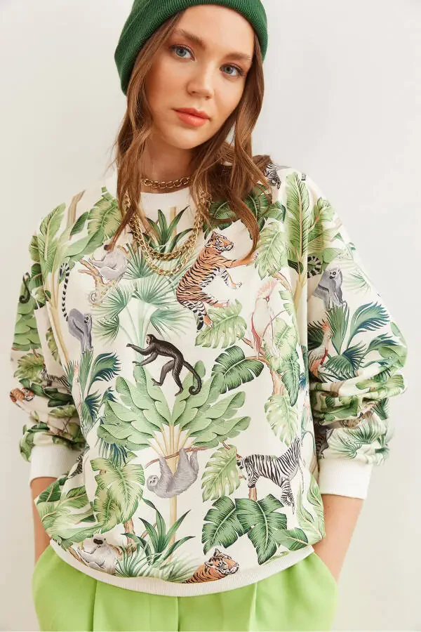Kadın Jungle Ekru Basic Yumuşak Dokulu Salaş Sweatshirt SWT-19000457-Jungle Ekru - 1
