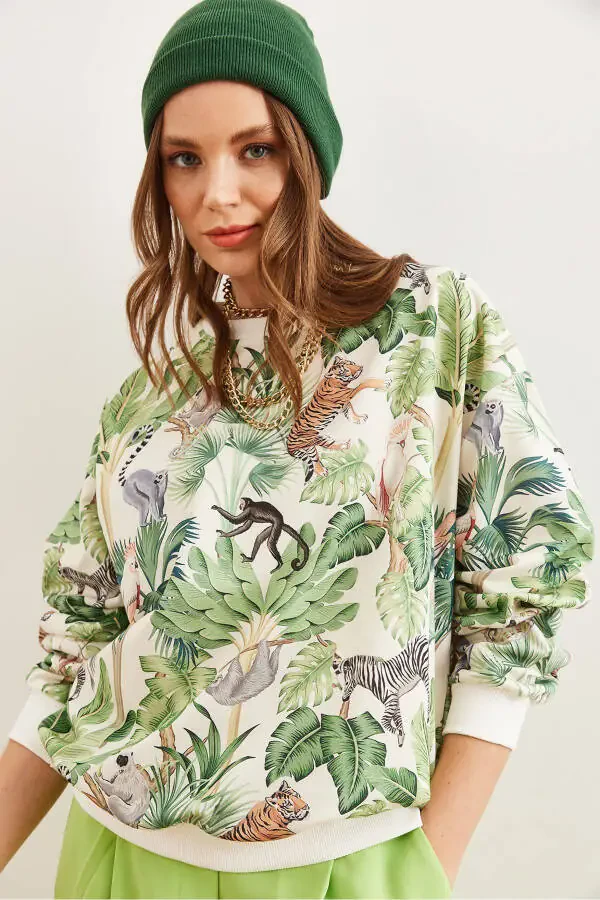 Kadın Jungle Ekru Basic Yumuşak Dokulu Salaş Sweatshirt SWT-19000457-Jungle Ekru - 4