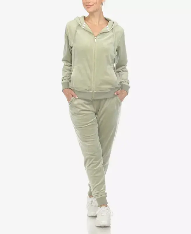 Women's Velour Tracksuit Loungewear 2pc Set-Sage - 1