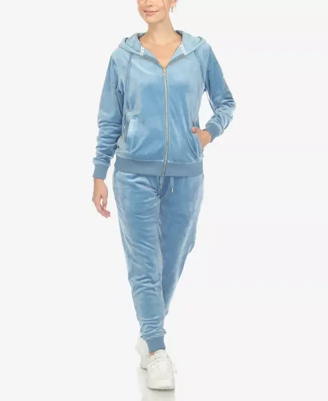 Women's Velour Tracksuit Loungewear 2-Piece Set - Denim Blue - WHITE MARK
