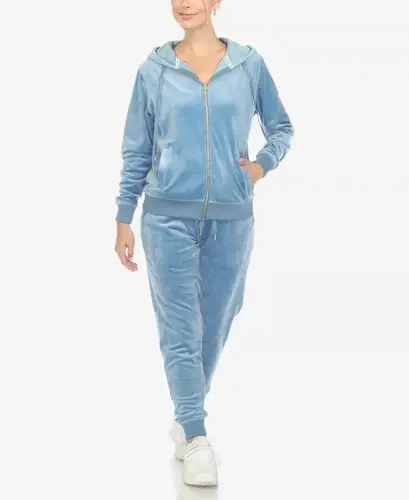 Women's Velour Tracksuit Loungewear 2pc Set-Denim Blue 