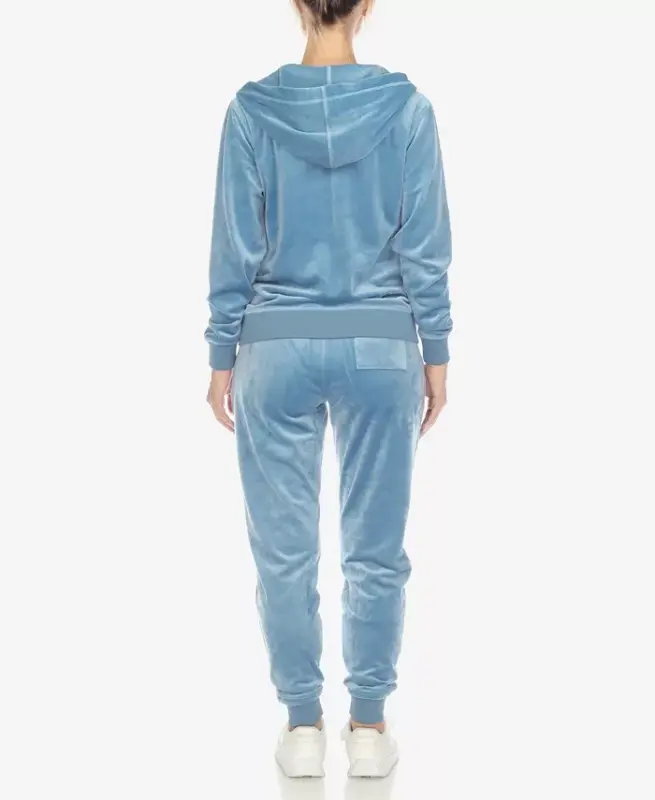 Women's Velour Tracksuit Loungewear 2pc Set-Denim Blue - 2