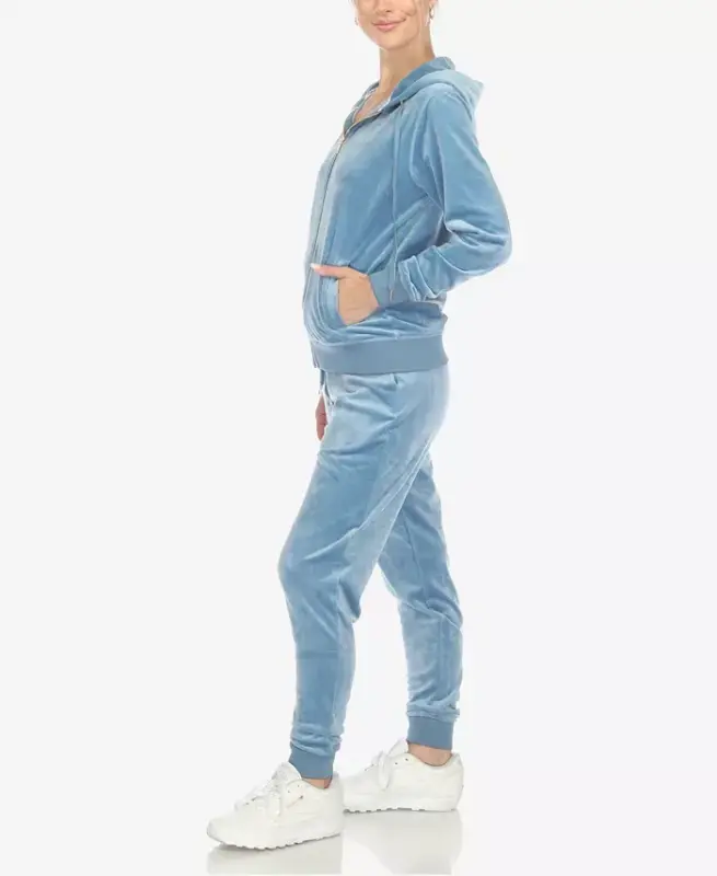 Women's Velour Tracksuit Loungewear 2pc Set-Denim Blue - 4