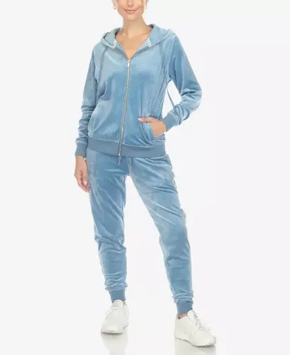 Women's Velour Tracksuit Loungewear 2pc Set-Denim Blue - 5