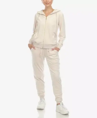 Women's Velour Tracksuit Loungewear 2pc Set - Pearl 