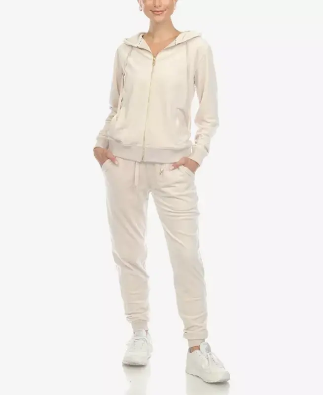 Women's Velour Tracksuit Loungewear 2pc Set-Pearl - WHITE MARK