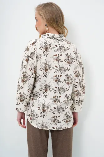 Kadın Kahve Bej Balon Kol Desenli Baskili Viscon Dokuma Gömlek ALC-X9654-KAHVE BEJ - 6