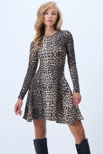 Kadın Kahve Bej Bisiklet Yaka Dikiş Detayli Kloş Mini Elbise ALC-X10883-KAHVE BEJ - 5