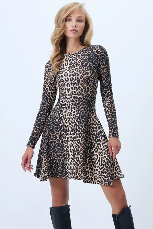 Kadın Kahve Bej Bisiklet Yaka Dikiş Detayli Kloş Mini Elbise ALC-X10883-KAHVE BEJ - 5