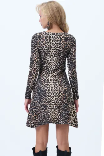 Kadın Kahve Bej Bisiklet Yaka Dikiş Detayli Kloş Mini Elbise ALC-X10883-KAHVE BEJ - 6